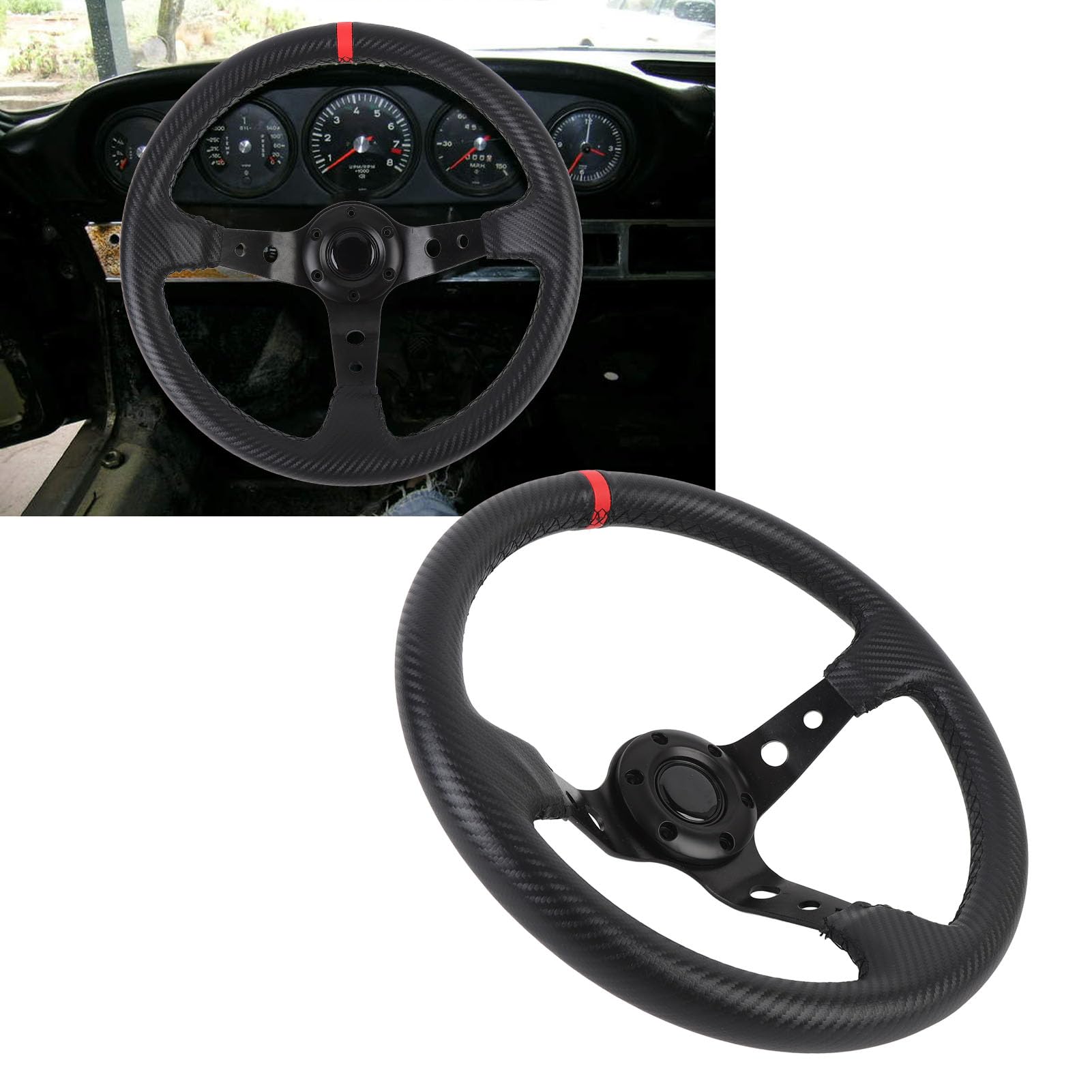 SIXRUN 14-Zoll-Carbonfaser-Lenkrad Universal-Sportlenkrad mit Hupenknopf für 6-Loch-Nabenadapter PU-Leder-Aluminiumrahmen (Rot)