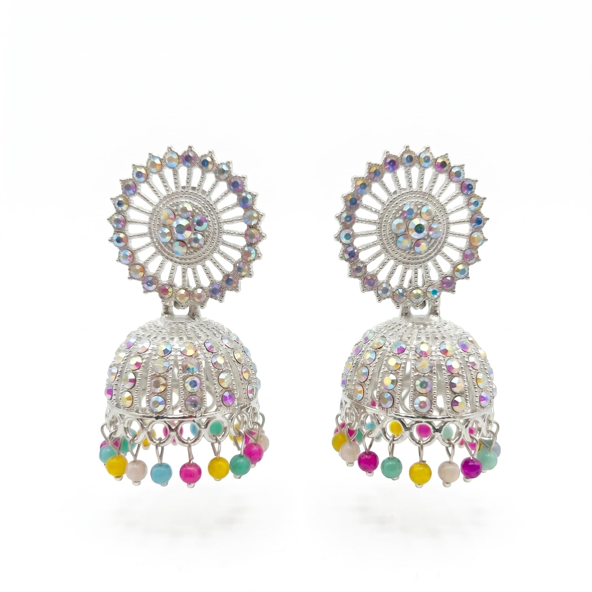 Traditional Jhumki Earrings, Silver-Toned with Multicolour Beads, Filigree Design, Ethnic Style-picture-44