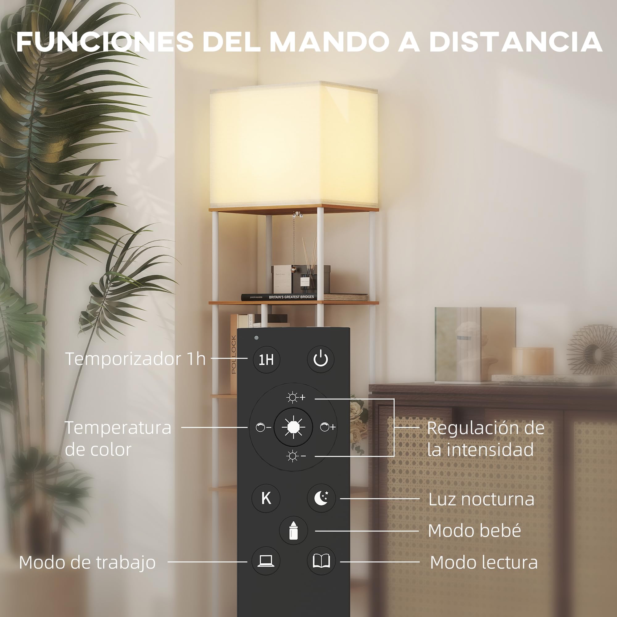 HOMCOM Lámpara de Pie con Estantes, Lámpara Salón con Brillo y Temperaturas de Color Ajustable 3000K-6500K, Control Remoto, Temporizador, 5 Modos, Bombilla 9W Incluida, Portalámparas E27, Natural