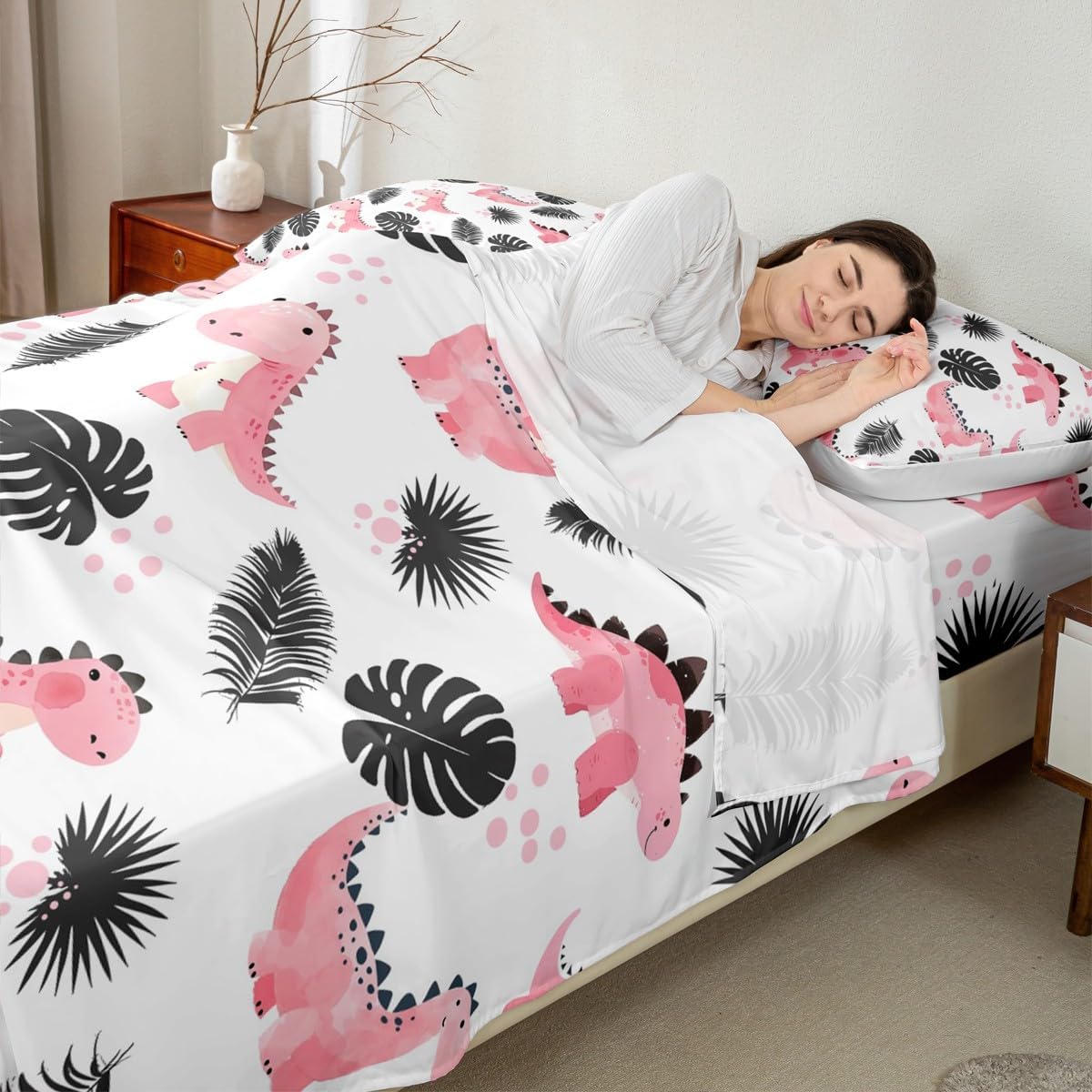 水彩画 キュート 動物 ベッドシーツ クイーンセット、ヤシの葉 熱帯植物 シーツセット 大人 寝室の装飾、カートゥーン ピンク 恐竜