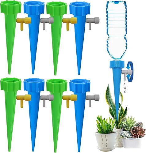 Mimeela Paquete de 8 picos de riego automático para plantas de interior, dispositivos de riego automático para plantas con interruptor de válvula de