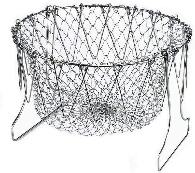 304 Stainless Steel Foldable Steam Rinse Strain Fry Basket Strainer Net Kitchen Cooking Tool for Fried Food or Fruits