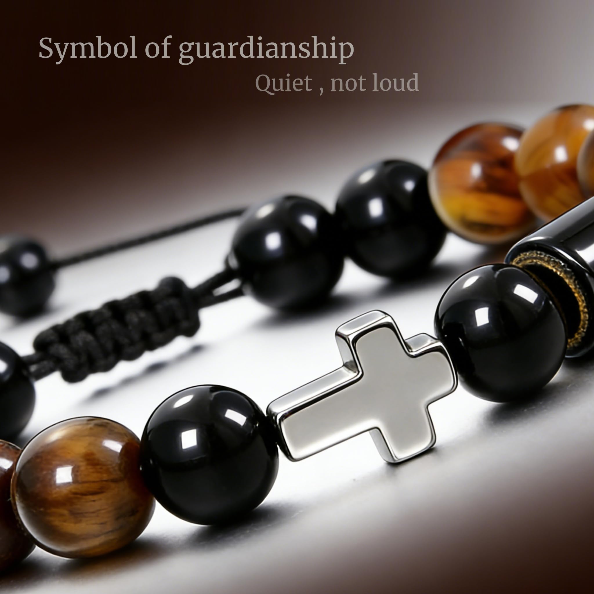 Initial Mens Bracelet with Cross - Religious Faith Beaded Bracelt Gift for Him Man Male Friend, Adjustable Tiger Eye Black Onyx Beads Braclet for Birthday Confirmation Sponsor Anniversary