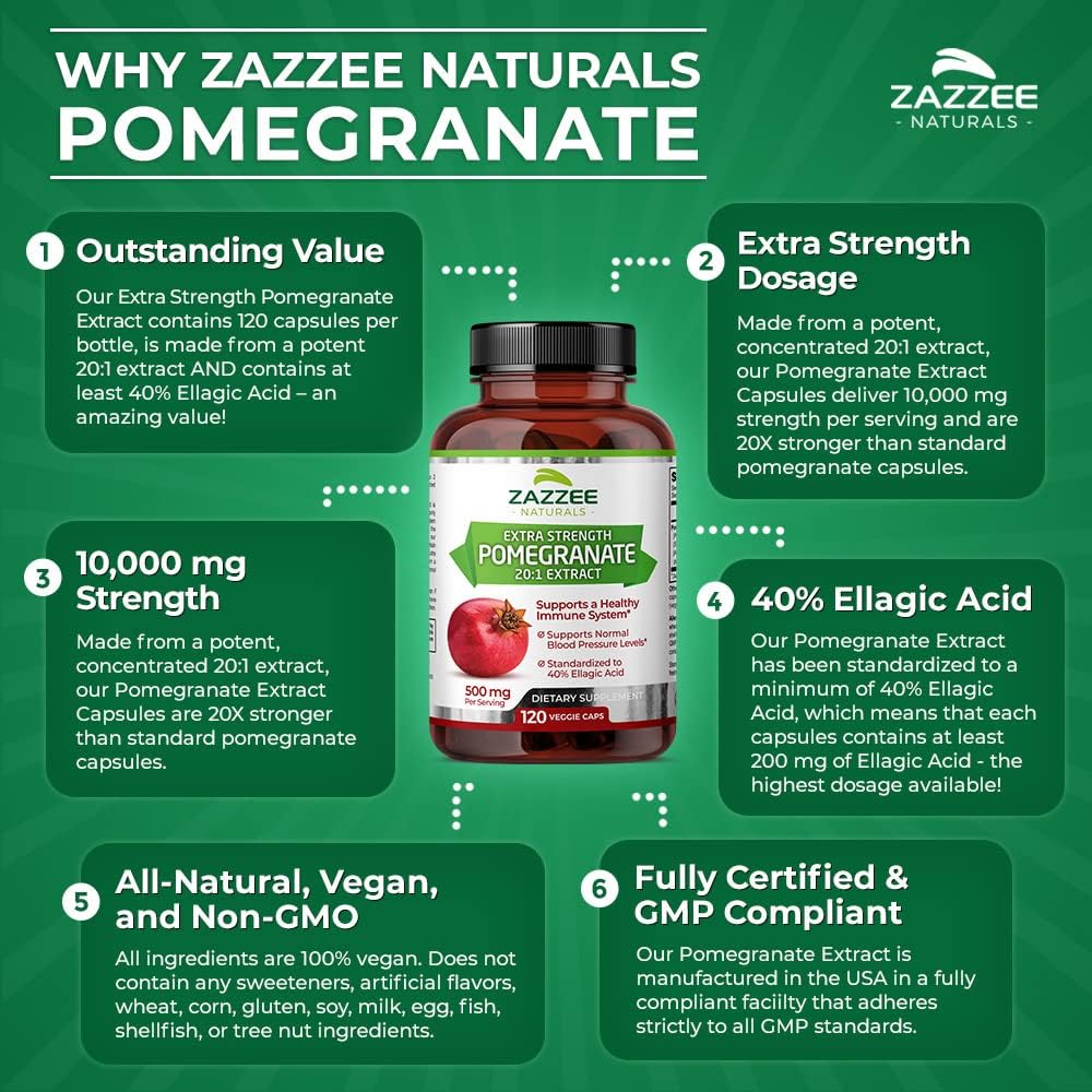Zazzee Extra Strength Pomegranate 20:1 Extract, 40% Ellagic Acid, 500 mg, 120 Vegan Capsules, Immune and Antioxidant Support, Non-GMO and All-Natural : Health & Household
