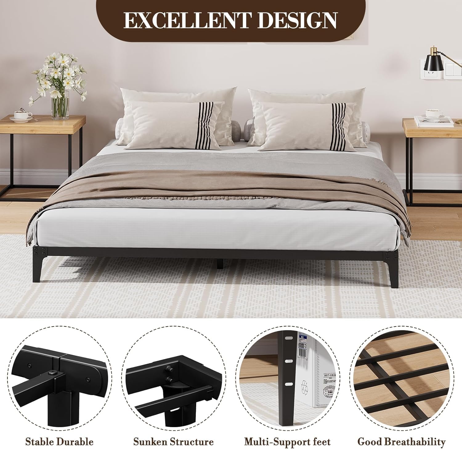 6 Inch Low Bed Frame, Metal Platform Bed Frame