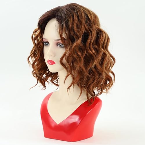 Miniatura 6 de RENERSHOW Pelucas cortas onduladas de color castaño castaño rojizo para mujeres blancas en capas, longitud de la barbilla, peluca de pelo rizado,
