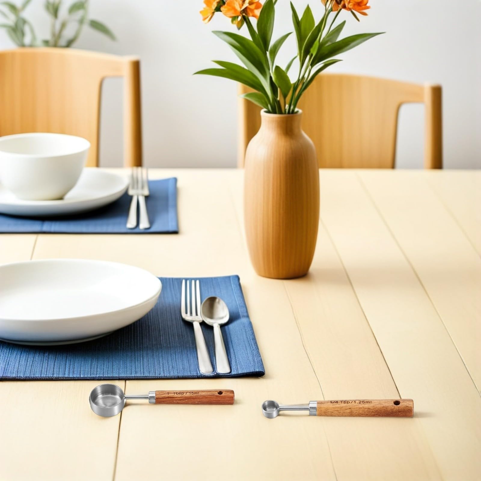 INOOMP Juego de 8 Tazas y Cucharas Medidoras de Acero Inoxidable con Mangos de Madera para Cocinar y Hornear con Medición Precisa y Durabilidad Excepcional