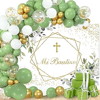 Baptism Party Decorations ,with Greenery Mi Bautizo Backdrop Banner Sage Green Balloons Garland Arch Kit First Communion Decor Boys Girls Baby Shower Christening Decorations