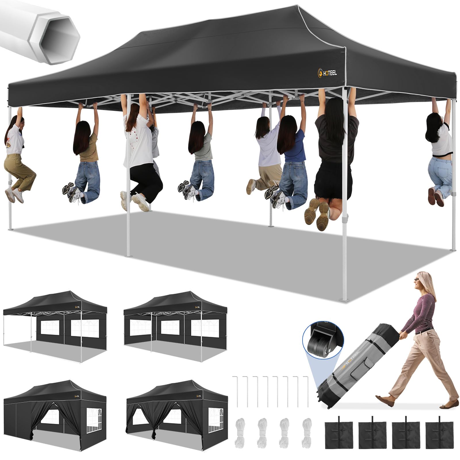 (similar to stock photo)Hoteel Canopy 10x20 Heavy Duty Pop Up Canopy Tent with 6 Sidewalls,UPF50+ and Waterproof 1500mm,3 Height Adjustable,Upgraded Hexagonal Pipe,Commercial Instant Tent,for Picnic,Parties,Wedding,Black