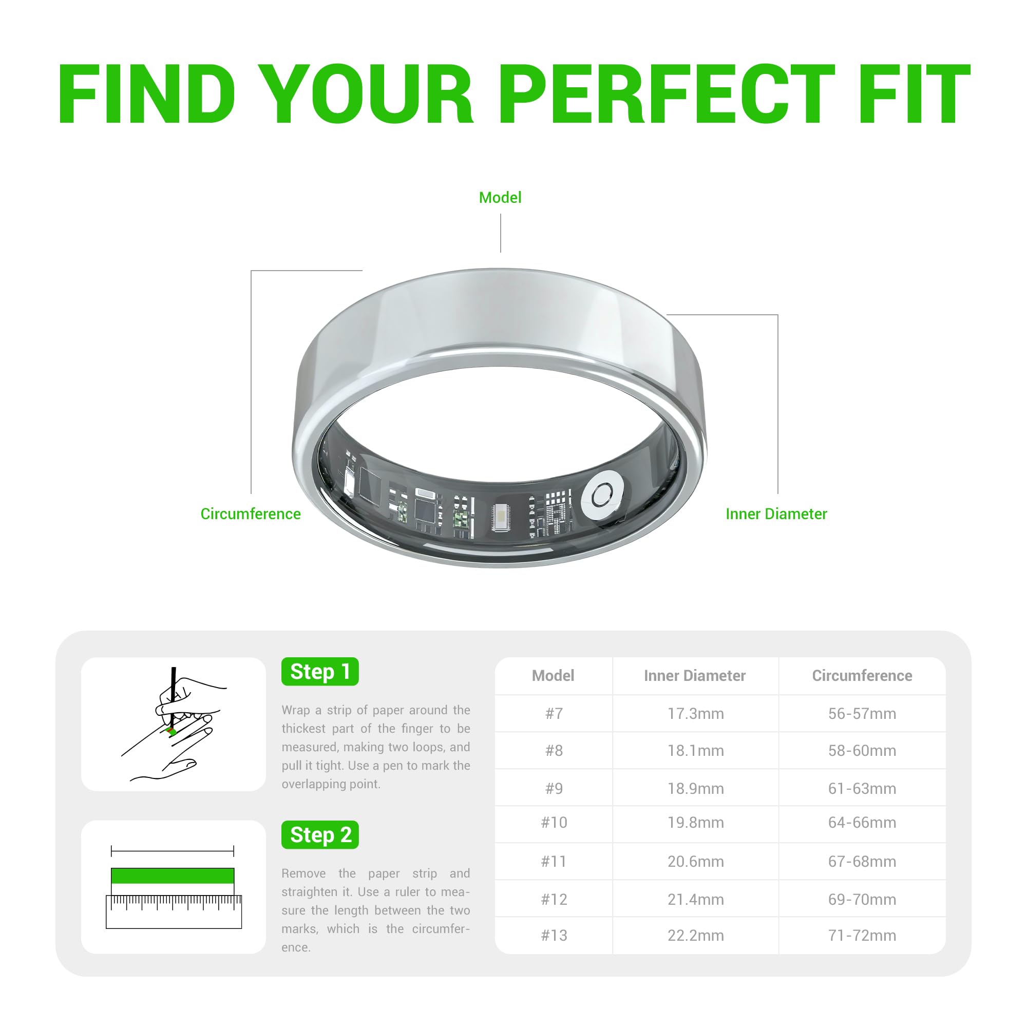 Smart Ring - Suivi du sommeil SpO2 gratuit | Sans abonnement | Moniteur d'activité étanche IP68 | Moniteur d'activité 24h/24 et 7j/7 | Compteur de pas et suivi du stress | Accessoire de sommeil et