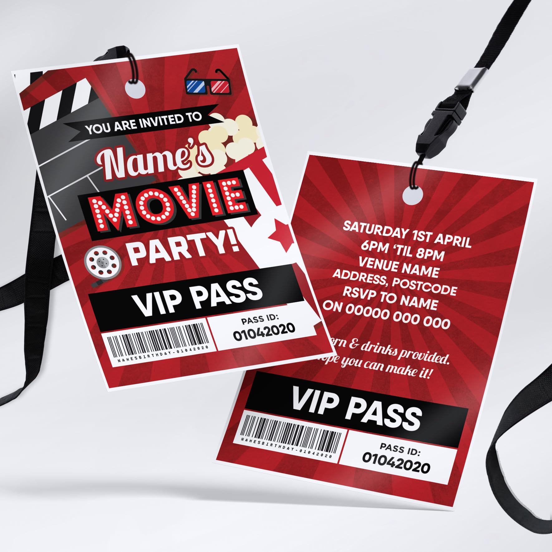 MJ DESIGN & PRINT Personalised Movie Cinema Party Invitations Lanyard Passes, Birthday, Kids, Film, Multicoloured