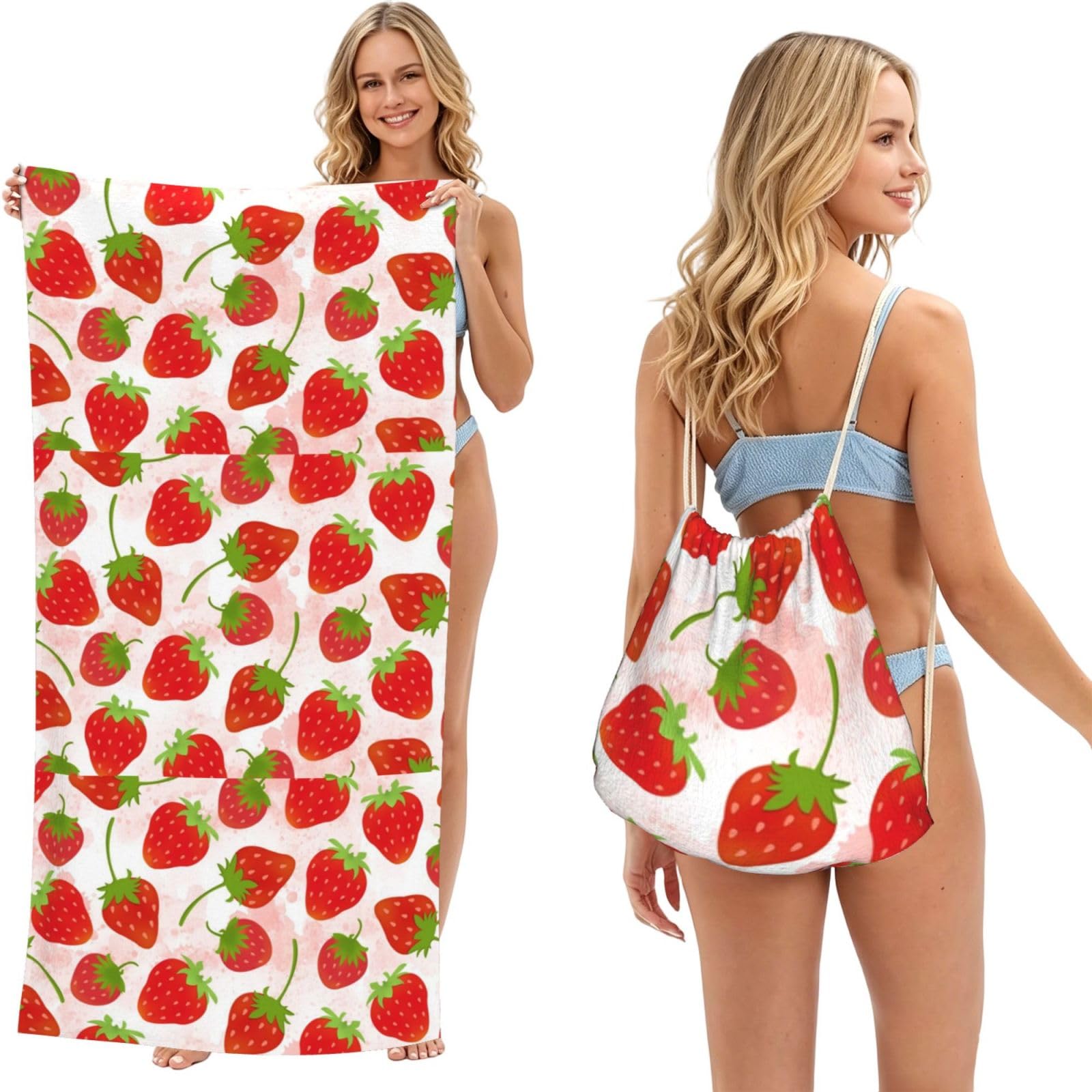 Poadnly As Picture Strawberry, 2 In 1 Packable Towel Bag, Beach Towels With Drawstring Backpack For Travel Holiday Camping