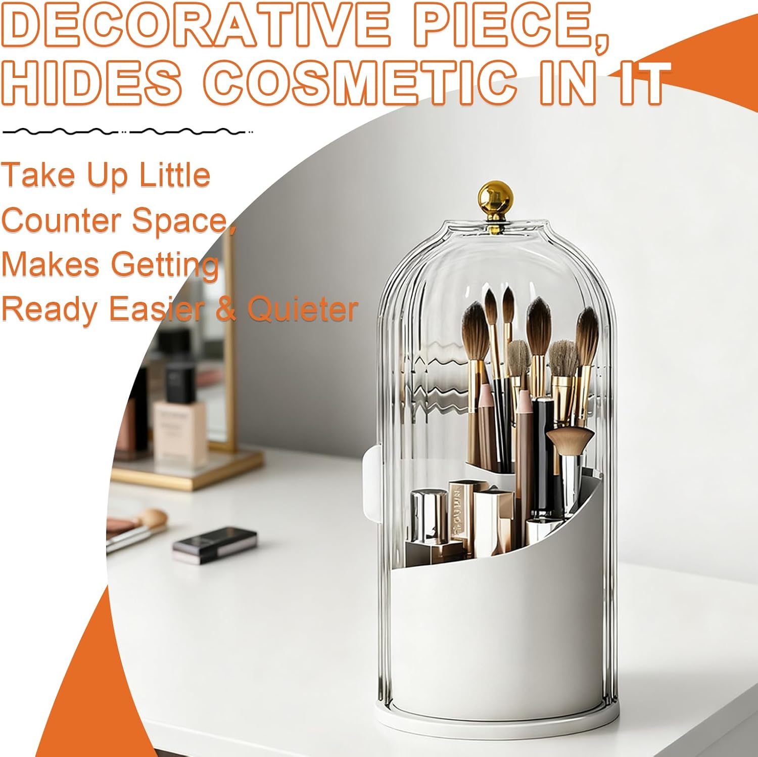 Makeup Brush Holder with Lid 360 rotating,Toothbrush Holder With lid for vanity,3 Slots Storage with 360 Rotating &180° Sliding Open for Bathroom Counter Organizer,Clear Dustproof & Waterproof 1pcs