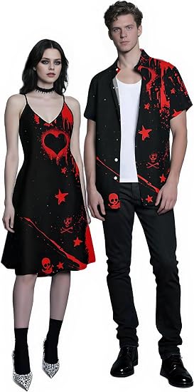 Couple Matching Hawaiian Halloween Outfits Gothic Skull Rose Print Vampire Dress or Roll Up Sleeve Shirts Outfit