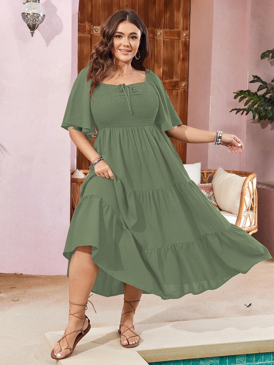 SCOMCHIC Women's Plus Size Flowy Maxi Dress Flutter Short Sleeve Boho Dress Square Neck Smocked Formal Dresses for Women - Image 4