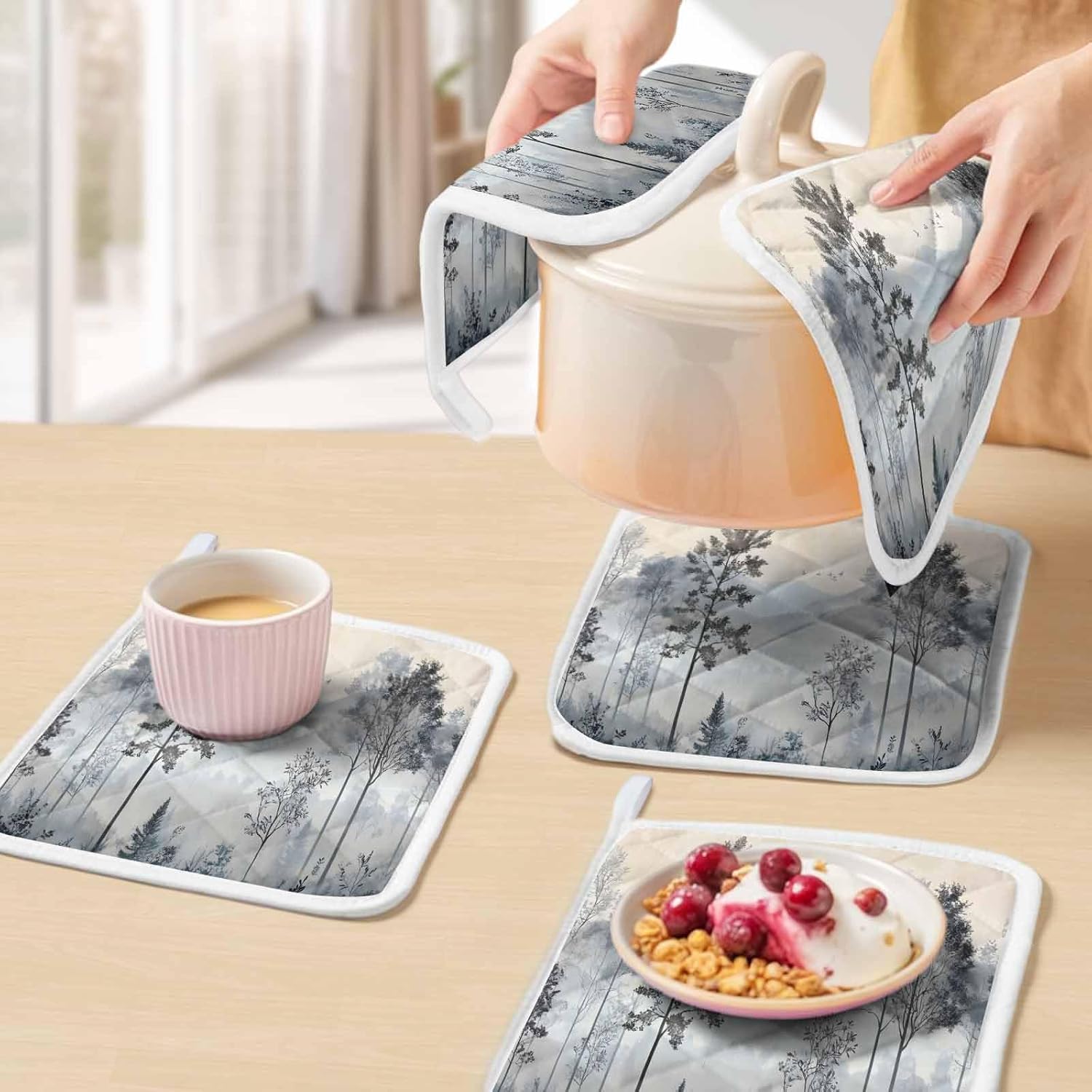 5 Pack Pot Holders for Kitchen, Watercolor Forest Hot Pads for Kitchen Countertops Oven Pot Holder Bulk, Vintage Mountain Branches Tree Heat Insulation Potholders with Hanging Loops