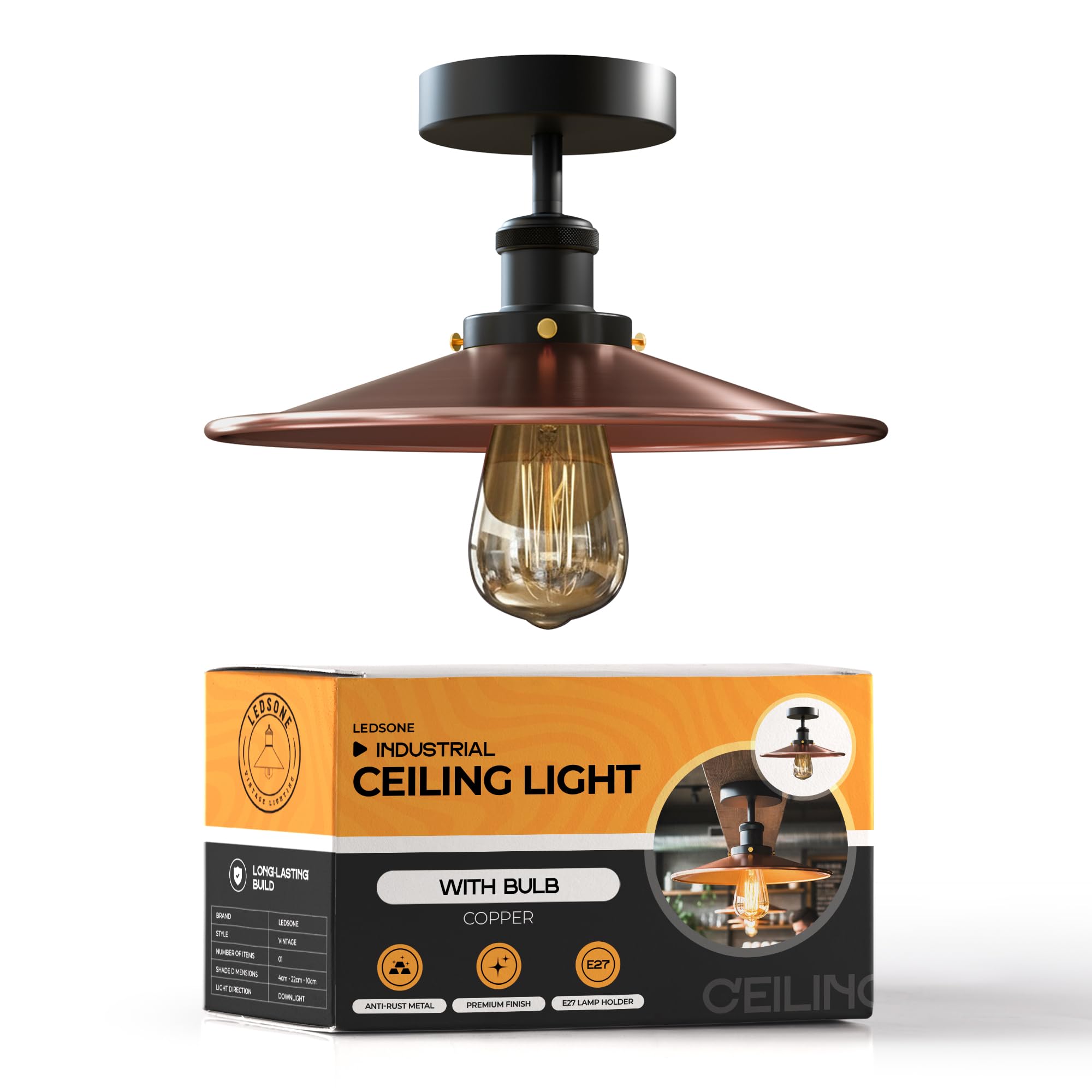 LEDSone Copper Ceiling Light Fixture, Industrial Chandeliers Semi-Flush Mount LED Ceiling Lighting with Bulb Metal Lampshade with E27 Base for Bedroom, Living Room, Kitchen, Hallway [Energy Class A]