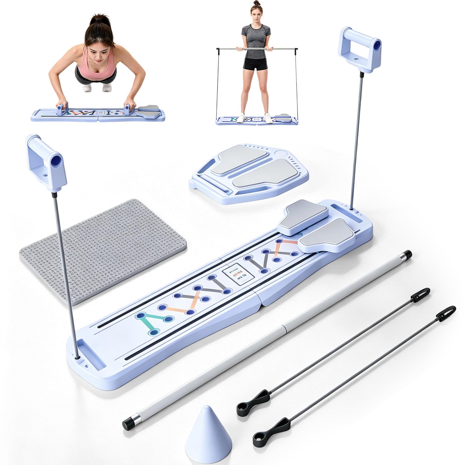 Tabla de pilates, reformador de pilates multifuncional plegable, juego de pilates con banda de resistencia, tabla de equilibrio, cojín para rodillas y barra, tabla de ejercicios para ejercicios en el
