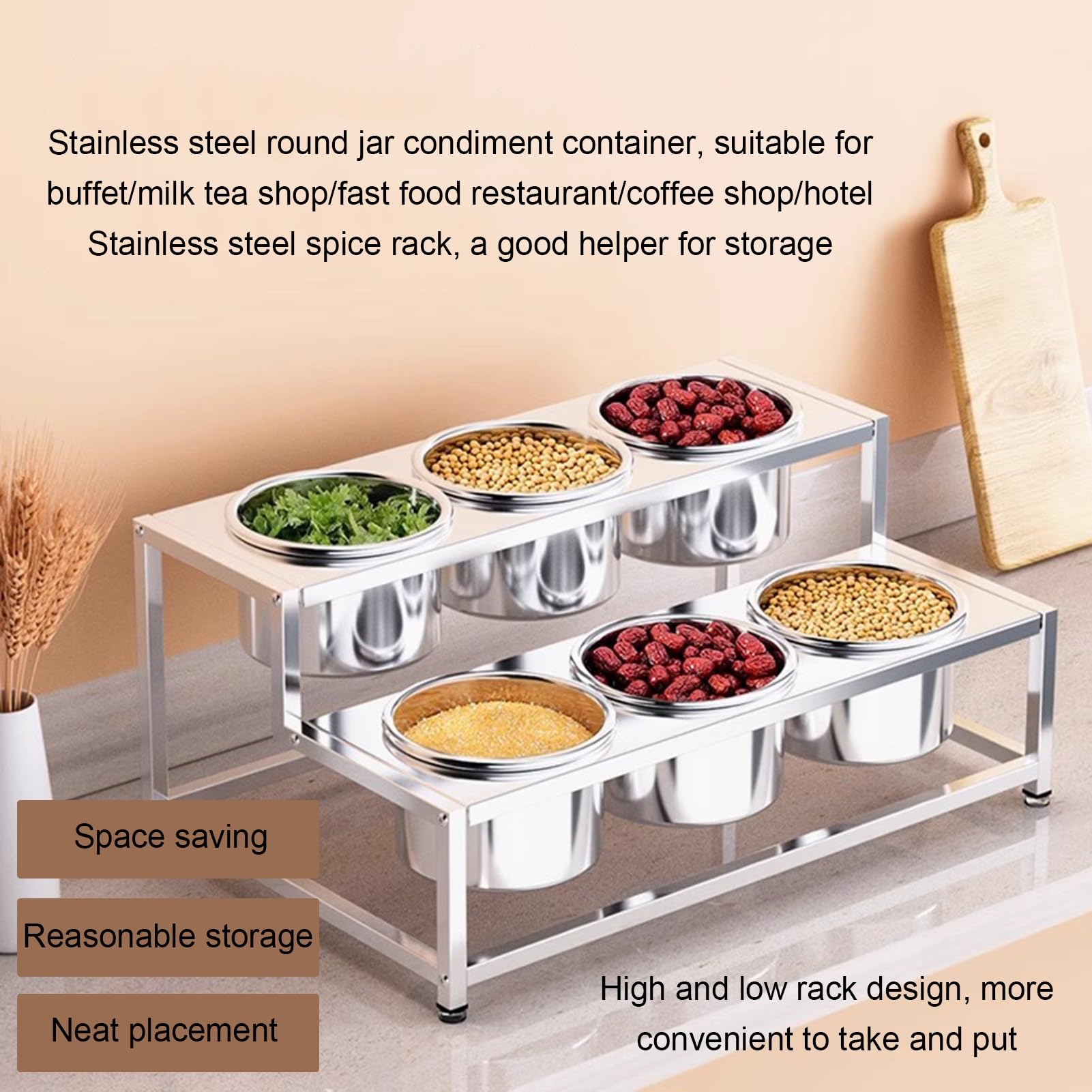 Estantes de especias de acero inoxidable con sartenes y tapas, juego comercial de especias para bufés de cocina, estantes dispensadores de condimentos para condimentos, salsas, ensaladas