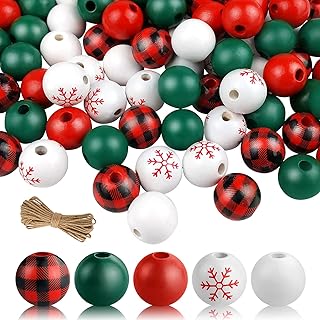 210 Pcs Christmas Wooden Beads Decoration Red Green Buffalo Plaid, Christmas Tree Ornaments Garland, Colored Snowflake Farmhouse Wood Beads for Christmas Party Holiday DIY Crafts Jewelry Making,16 mm