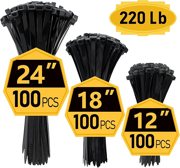 Zip Ties Assorted Sizes (12"+18"+24")- 300 Pack, Large Zip Ties Heavy Duty with 220 lb Tensile Strength for Outdoor Use, Black, Long Cable Ties by ANOSON