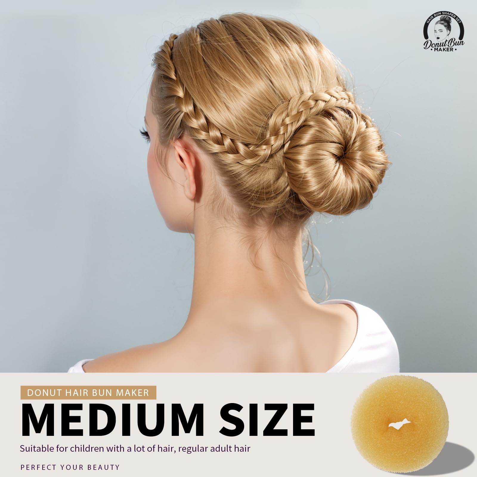 Teenitor Juego de 4 moldes dorados para moños con forma de dona extra grande, grande, mediana y pequeña, 20 horquillas grandes