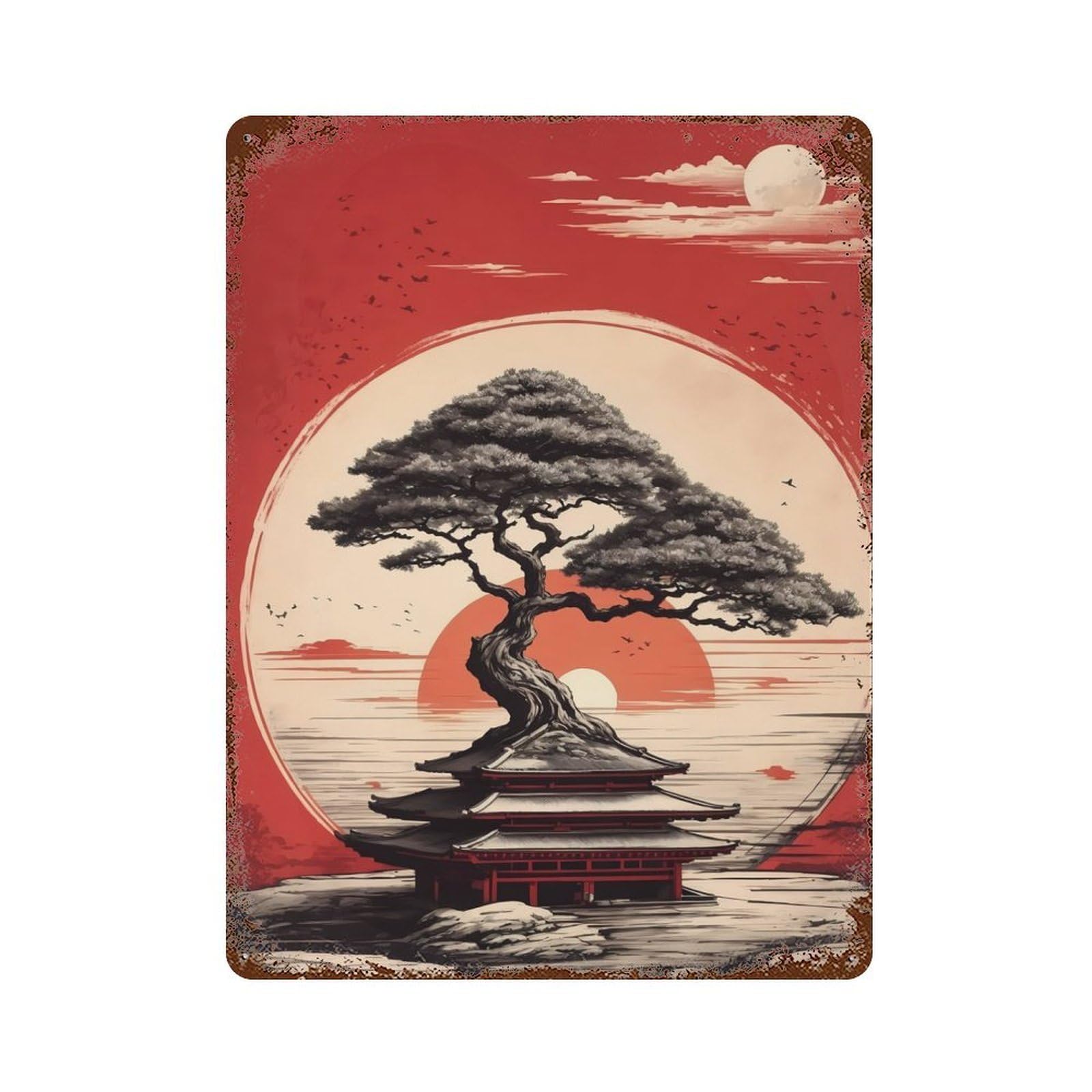 Rustic Tin Plaque Crimson Bonsai 15.7"x11.8", Retro Wall Decor for Shed, Workshop And Garage Wall Decor