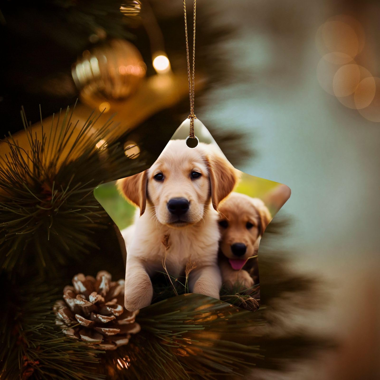 Christmas Ornaments for Christmas Tree Decoration Hanging Cute Golden Retriever Puppy Ornament with Gold Ribbon Crafts Star Shape Ceramic Pendant for Keepsake Gifts Xmas Decor Party Supplies