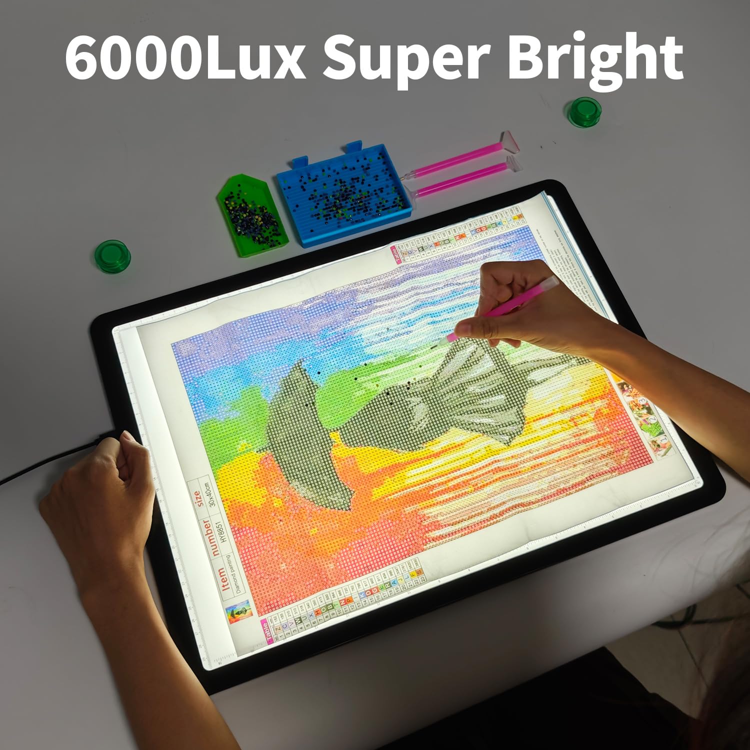 TSOCOS A3 Leuchttisch mit Tragetasche, 6000Lux Sehr Hell LED Licht Pad mit Seitliche Tasten & 6 Stufen der Helligkeit, 3 Farben Lightpad Leuchtplatte für Diamond Painting, Zeichnen, Skizzieren