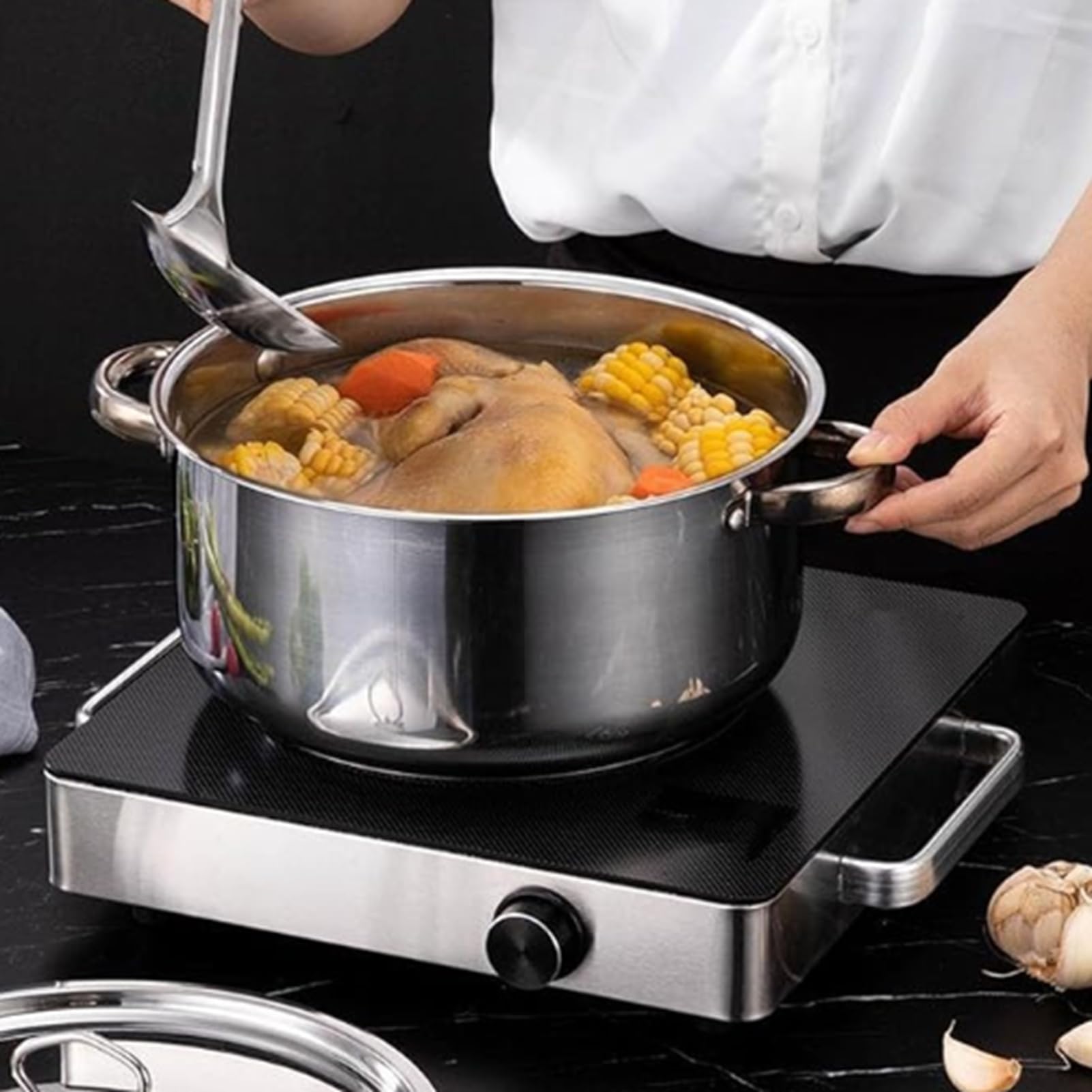 Juego de utensilios de cocina de acero inoxidable de 15 piezas con tapas, elegante solución de cocina para chefs caseros y principiantes
