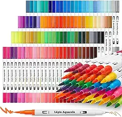 Kit 24/36/48/60/80/100/120 Cores Brush Pen 2 em 1 – Canetas de Dupla Ponta (Pincel e Fina) para Lettering, Desenho, Pintura e Artesanato (100 cores)