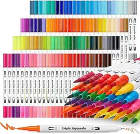 Kit 24/36/48/60/80/100/120 Cores Brush Pen 2 em 1 – Canetas de Dupla Ponta (Pincel e Fina) para Lettering, Desenho, Pintura e Artesanato (100 cores)