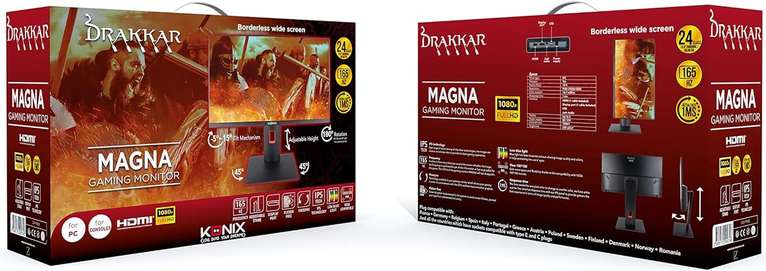 Konix Drakkar Pantalla Gaming Magna 24" PC, PS4, PS5, Switch y Xbox - Resolución FHD 1080 px - Frecuencia 165 Hz - Tiempo Respuesta 1 ms - Panel IPS