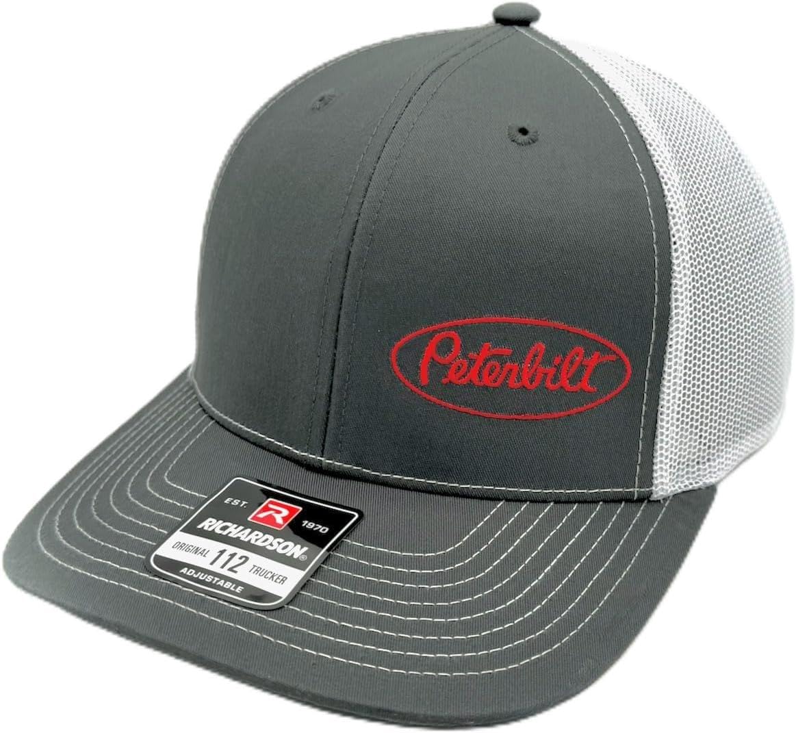 Peterbilt Richardson 112 Charcoal & White Embroidered Snapback Trucker Mesh Hat, 7-7 3/4, Black/White