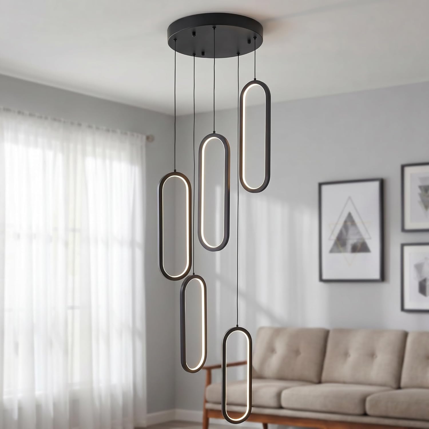 Modern LED Dimmable Chandelier with Remote & APP Control, Adjustable 5-Ring Black Pendant Lights for Kitchen Island, Dining Room, Living Room & Staircase, Stylish Hanging Ceiling Light