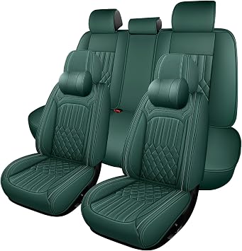 Car Seat Covers for Hyundai Kona 2018-2023 2024 2025 2026, 5 Seats Full Set Breathable Nappa Leather Seat Cover Waterproof Seat Protector, Airbag Compatible Vehicle Chair CoversGreen,Pillows