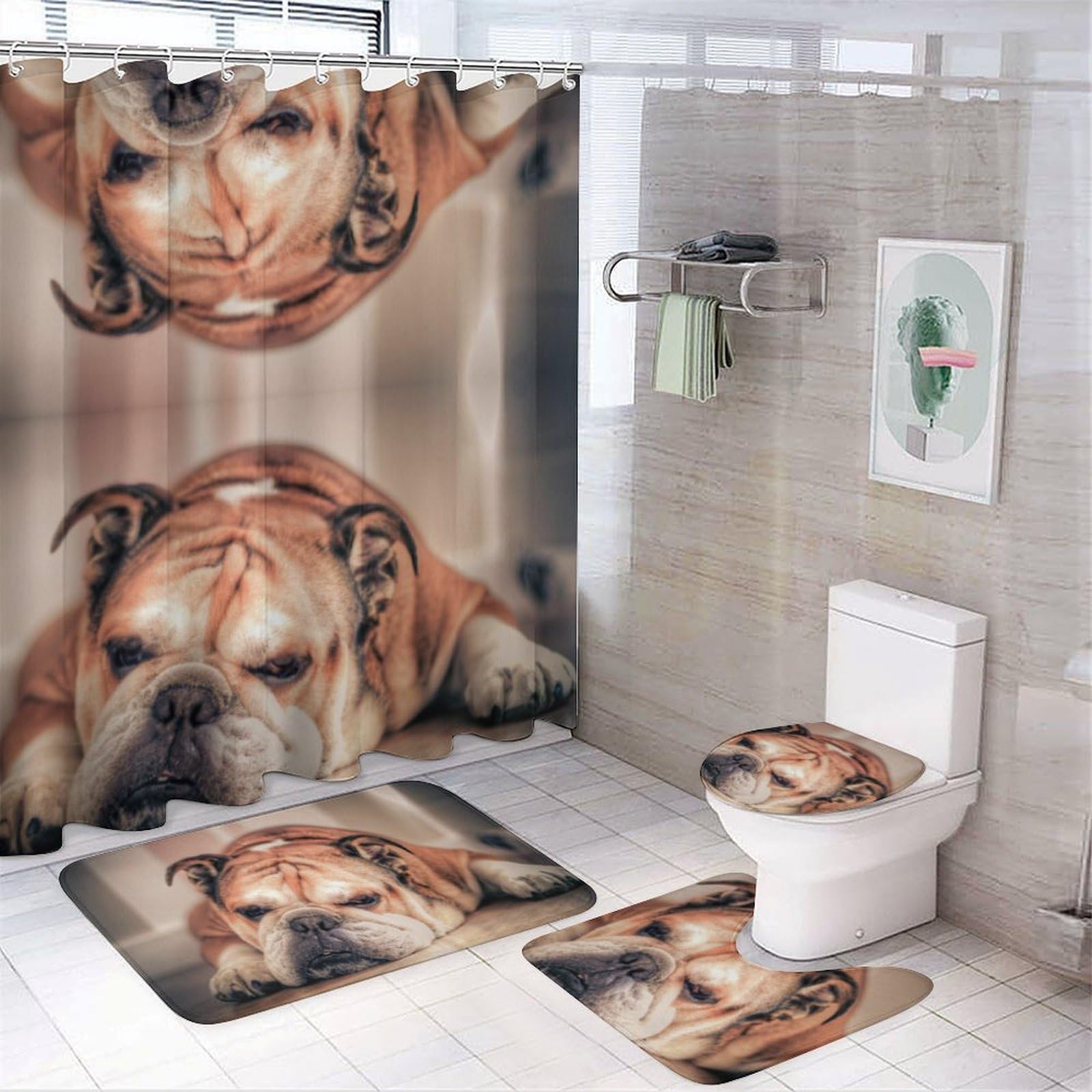 JZemdybill Bathroom Mat Set 4 Piece, English Bulldog Shower Curtain with Non-Slip Bath Mats for Bathroom