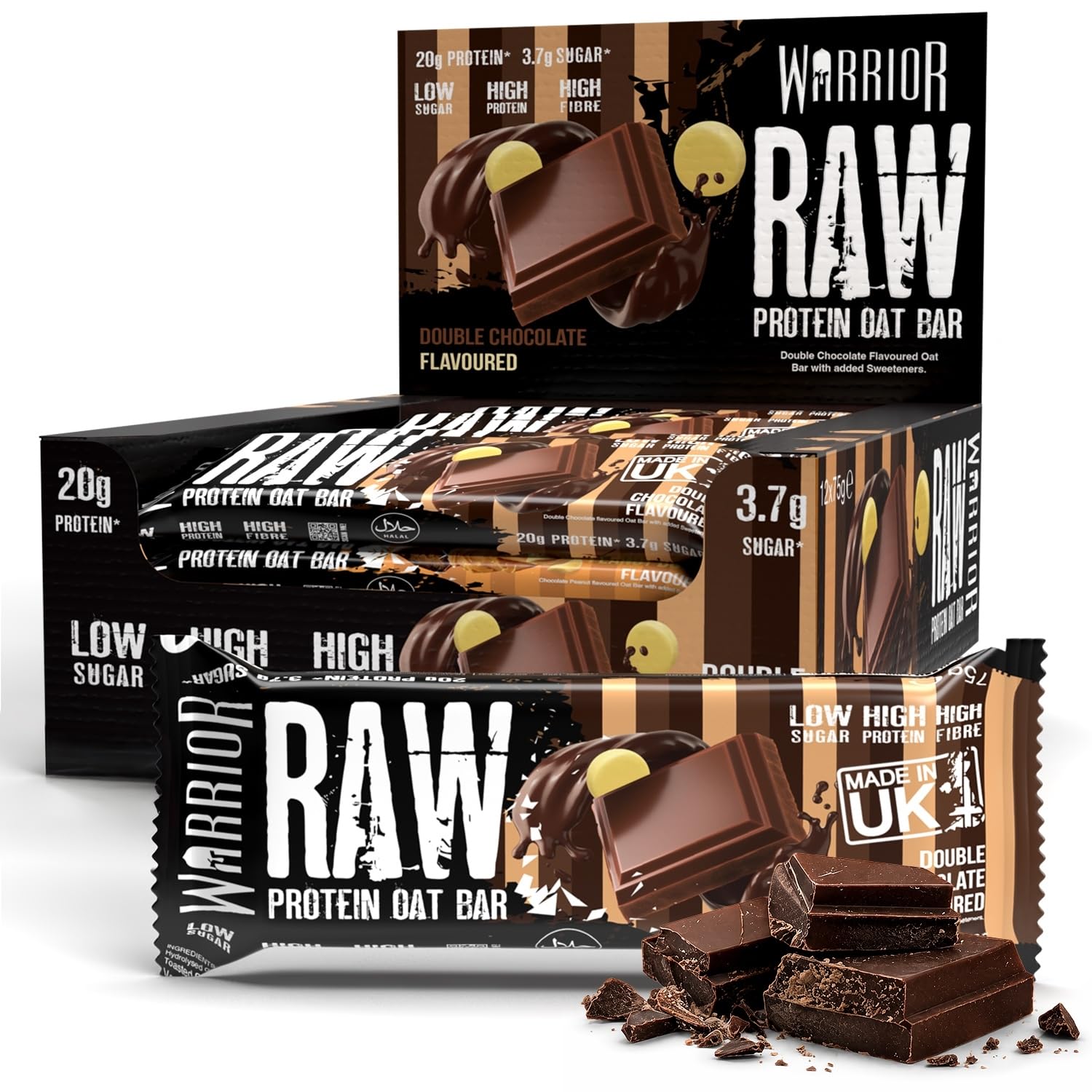 Warrior RAW Protein Bars 12 x 75g – 20g High Protein Bar, Low Sugar High Fibre Oat Protein Flapjack – Protein Snacks, Meal Replacement Bars (Double Chocolate)