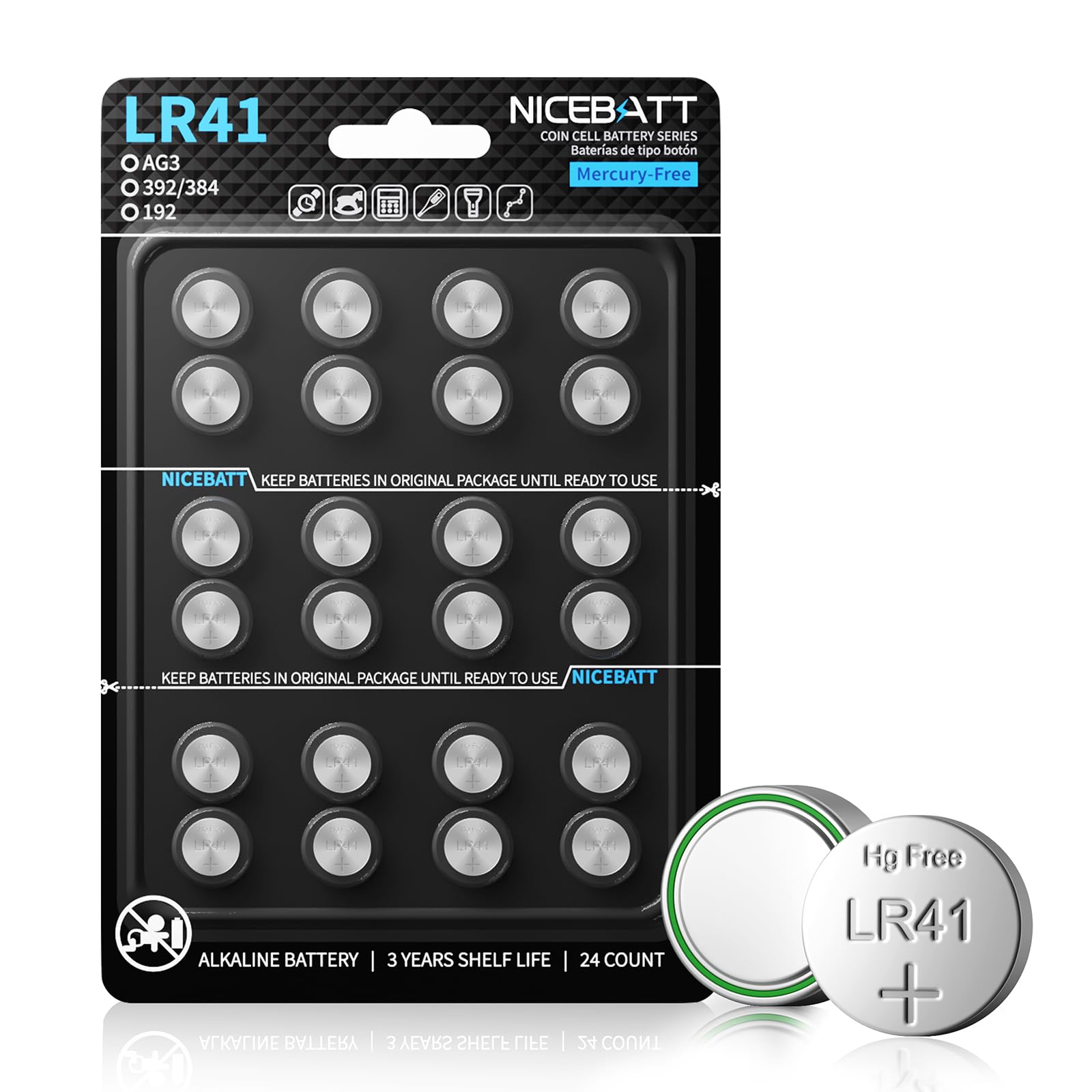 NICEBATT LR41 AG3 Batteries 24 Pack, L736 392 384 192 Premium Alkaline Battery 1.5V Button Coin Cell Batteries