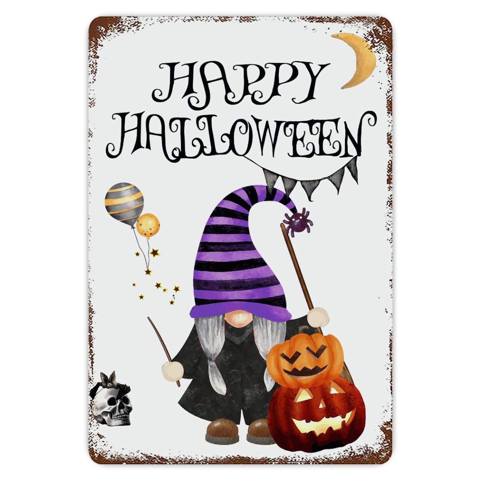 ENEDNATE Farmhouse Rustic Aluminum Sign Happy Halloween Gnome Pumpkin Skull Metal Sign Retro Aluminum Tin Sign for Kitchen Bedroom Living Room Wall Art Door Hanger Home Decor Sign 8x12 Inch