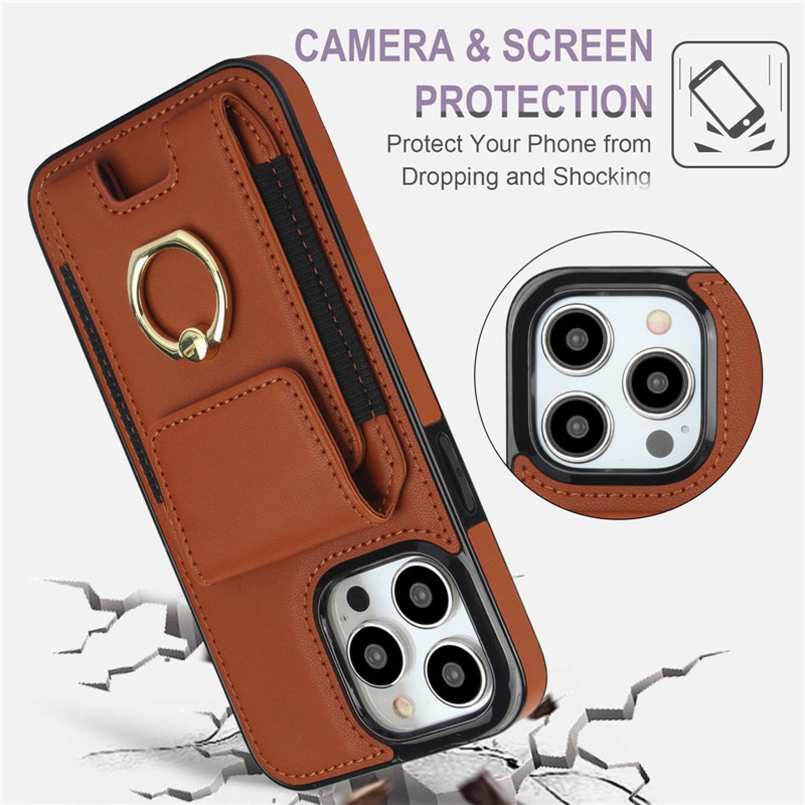 Für iPhone 15 Plus Luxus-Ring-Leder-Brieftaschen-Karten-Telefonhülle Flip-Stand-Cover (Für iPhone 15 Plus/Beige)