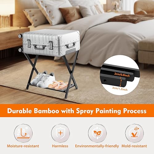 Miniatura 2 de Estante plegable para equipaje, maleta de viaje, soporte de almacenamiento de zapatos, soporte de bambú de 26.8 x 15.7 x 22.8 in, soporte de