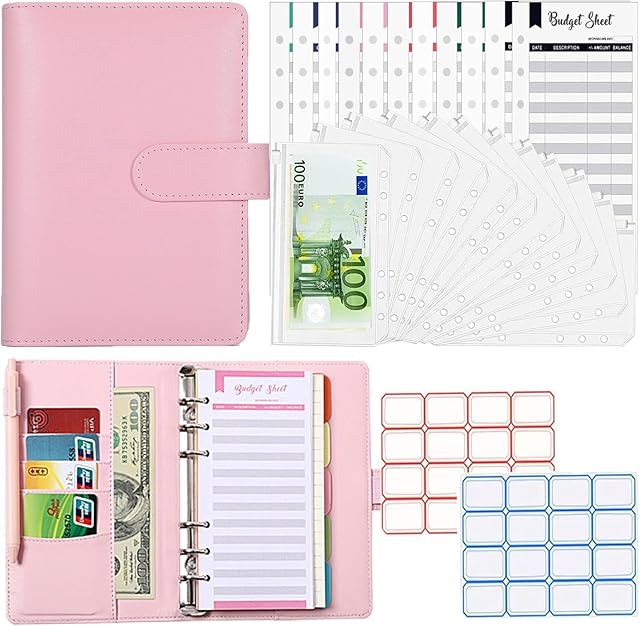 Budget Binder A6 with 12pcs Binder Pockets, 12pcs Expense Budget Sheets, 6 Ring Budget Binder Money Saving Cash Envelopes System
