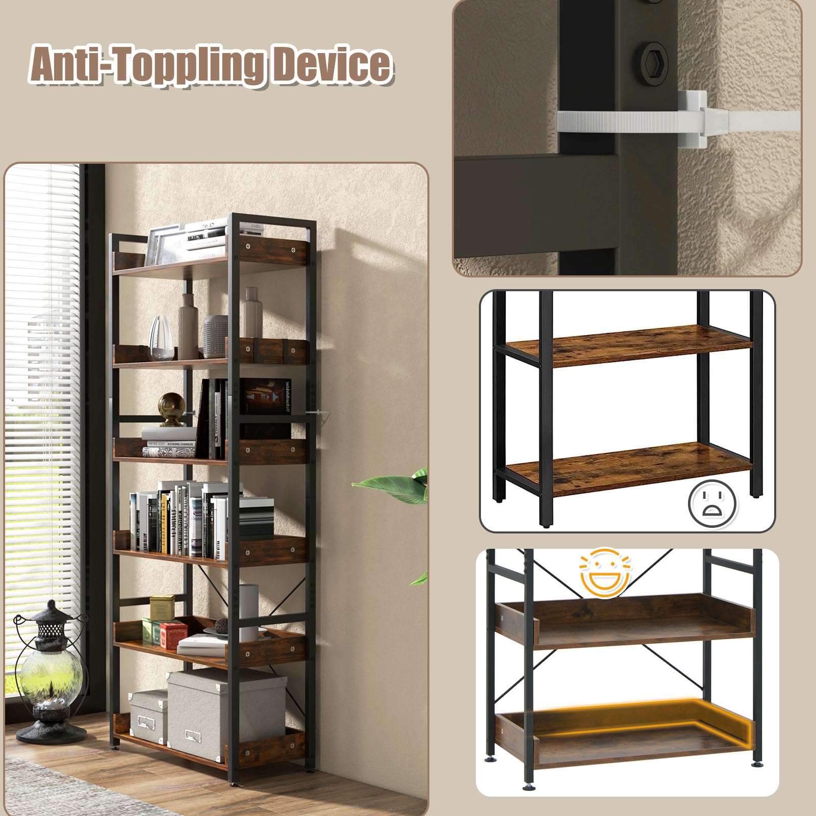 HOMASIS Scaffale Legno a 6 Livelli con 4 Ganci, Libreria da Parete Regolabile in Altezza in Legno, Scaffalatura Industriale con Schienale da Soggiorno, Cucina, Portata 120 kg, Marrone