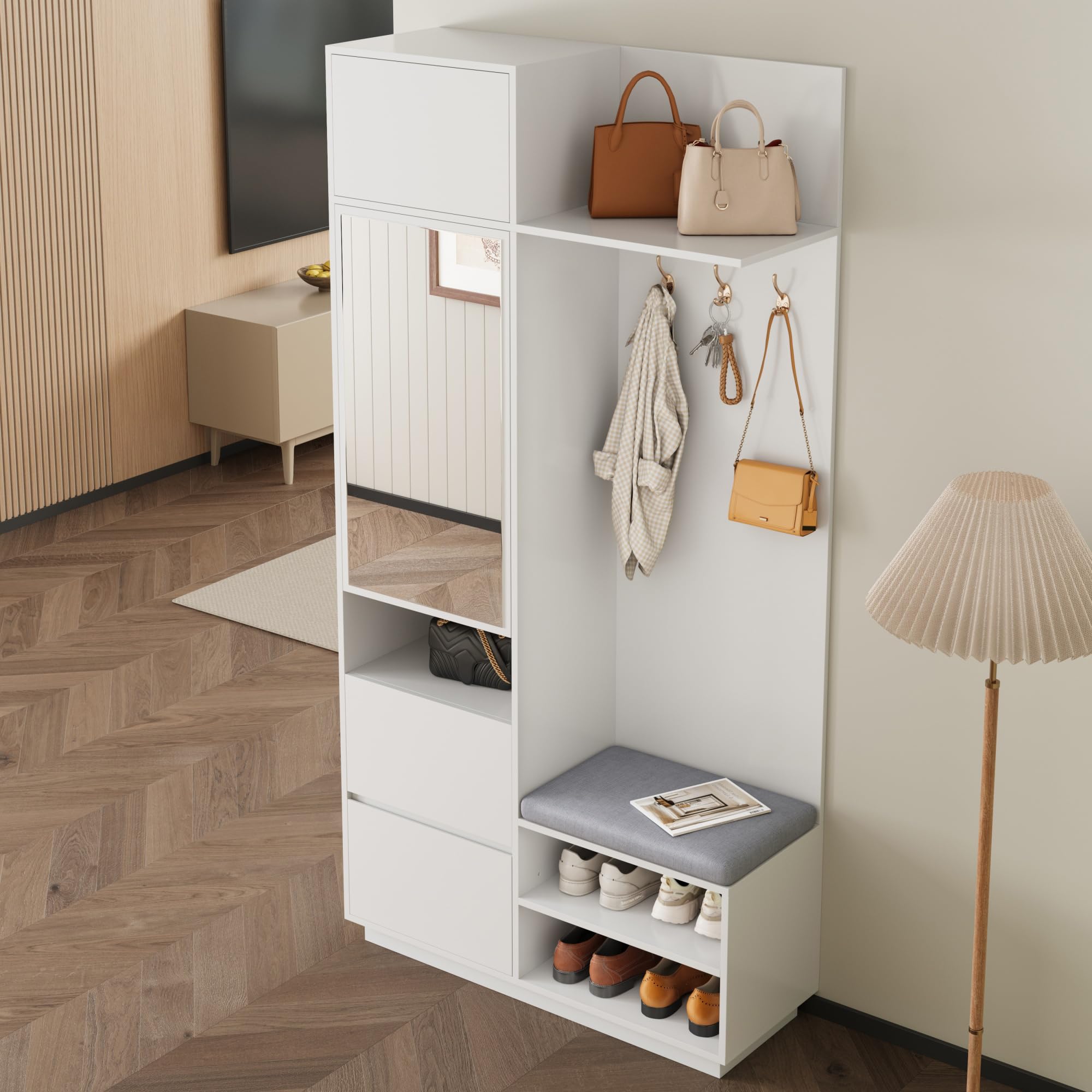 Garderobenset Hoch 190 cm mit Spiegel und Sitzbank, Garderobenschrank Flurgarderoben Set mit Haken und Schuhschrank, Weiß