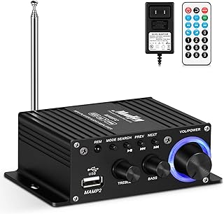 Moukey Mini amplifier home audio Bluetooth 5.0 for speakers- 50W 2 Channel Power Audio Receiver FM USB, AUX, with Remote Control, Power Supply for Car Home use, Tablets, Phones, Computers - MAMP2