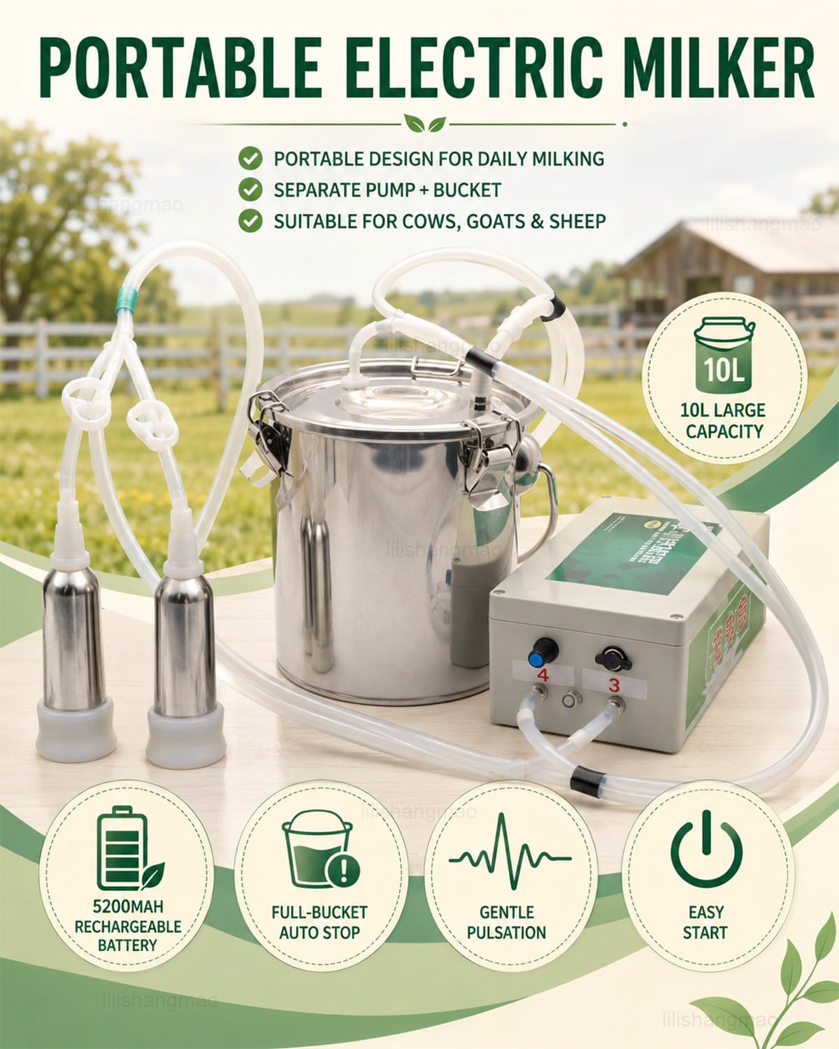 Ordeñadora para Cabras, Máquina De Ordeño para Vacas con Cubo De Acero Inoxidable De 10 L, Batería De 5200 mAh, Parada Automática Y Pezoneras Separadas para Ganado Mixto forCattle