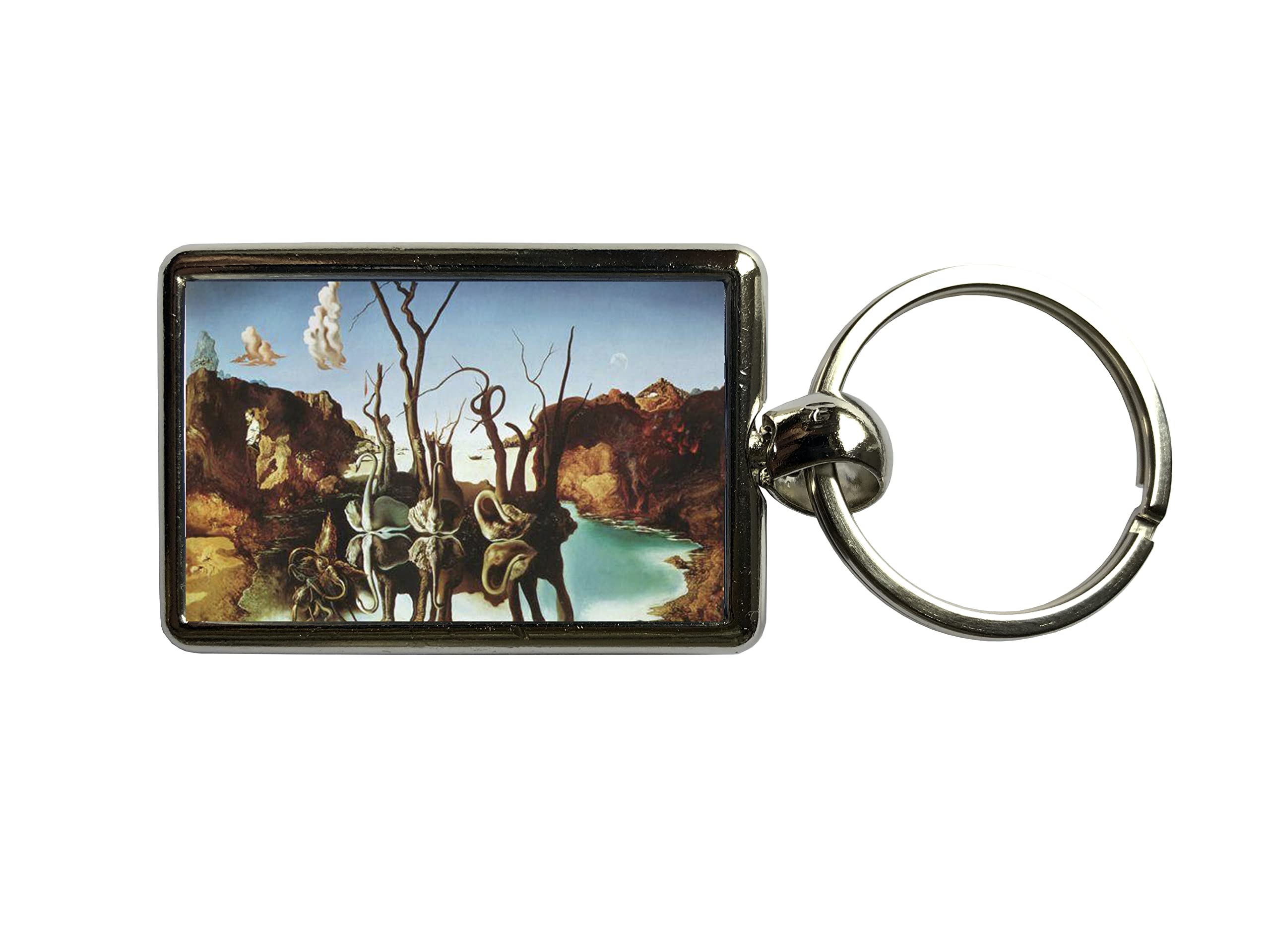 Super Universe Unisex Silver Salvador Dali Swans Reflecting Elephants Classic Painting Metal Keyring 3 X 4.5 Cm