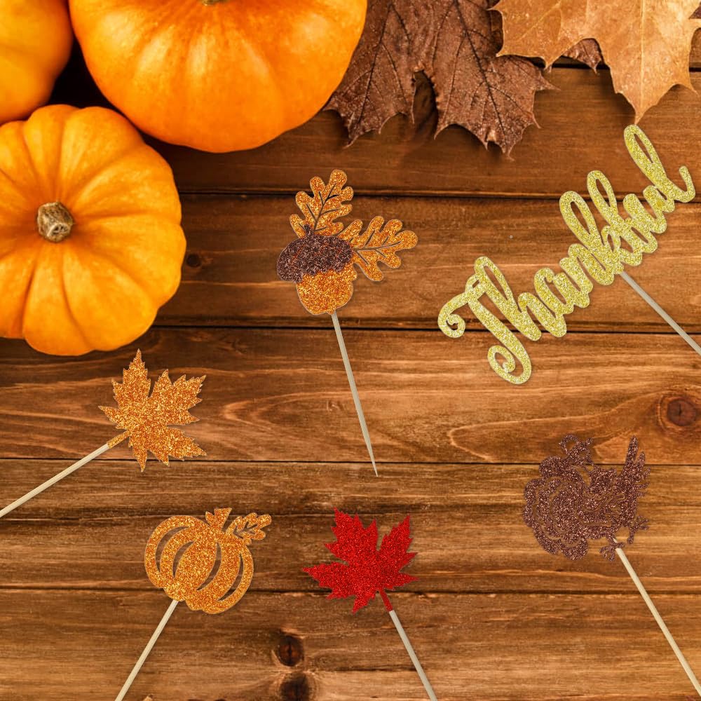 24 Thanksgiving Cupcake-Topper – Truthahn, Kürbis, Blätter Motive, 5,6x12,7cm, Aus Karton