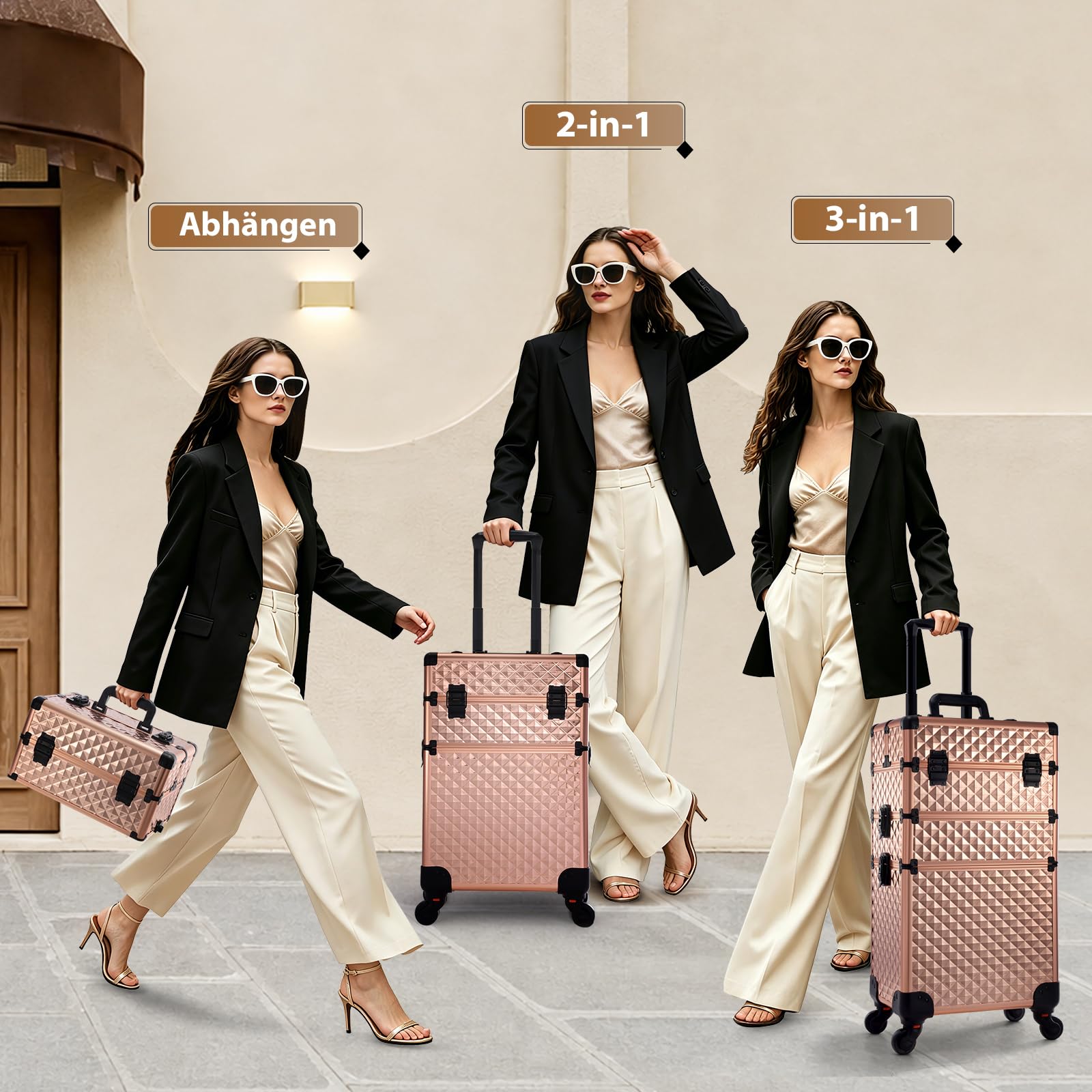Kosmetik Trolley 3-in-1 Make up Koffer Kosmetikkoffer Schminkkoffer Groß Friseurkoffer mit Rollen Beauty Case Nagelkoffer Multikoffer, Rosegold
